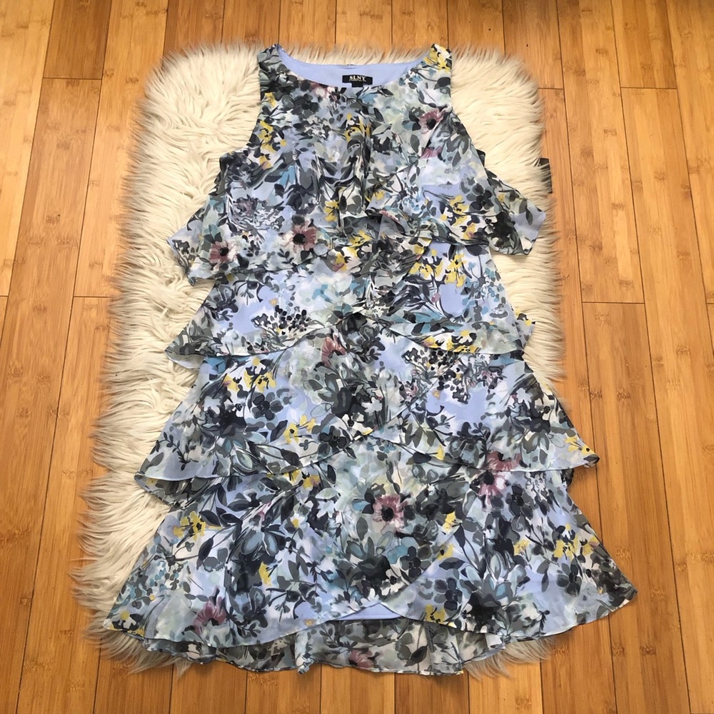 SLNY Floral Chiffon Tiered Cascade Sleeveless Blue Black Swing Mini Dress 10